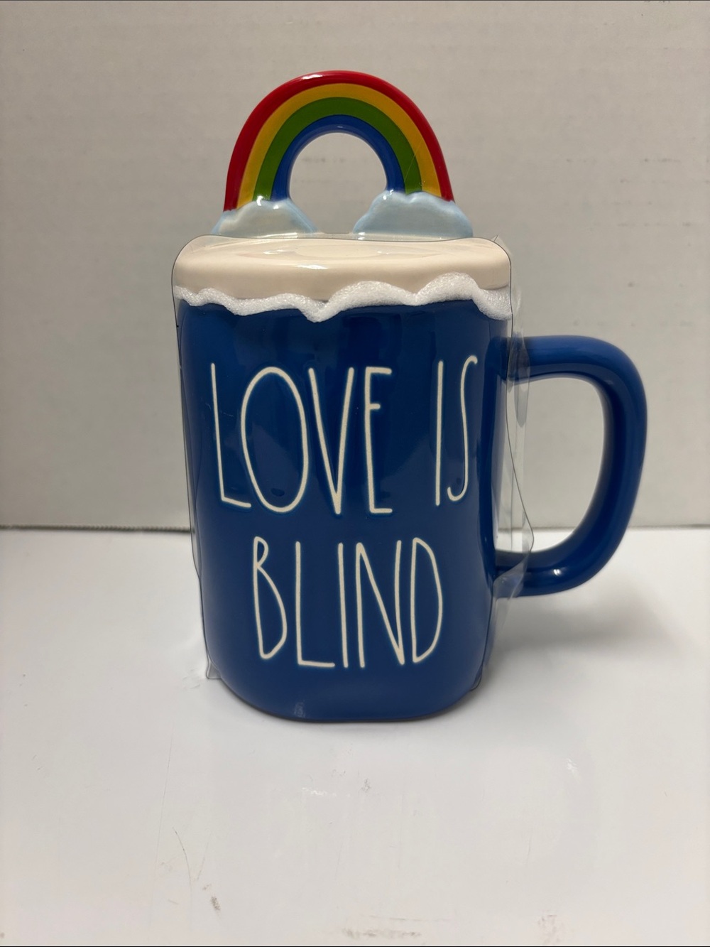 Rae Dunn Blue 'LOVE IS BLIND' Ceramic Mug with Rainbow Lid